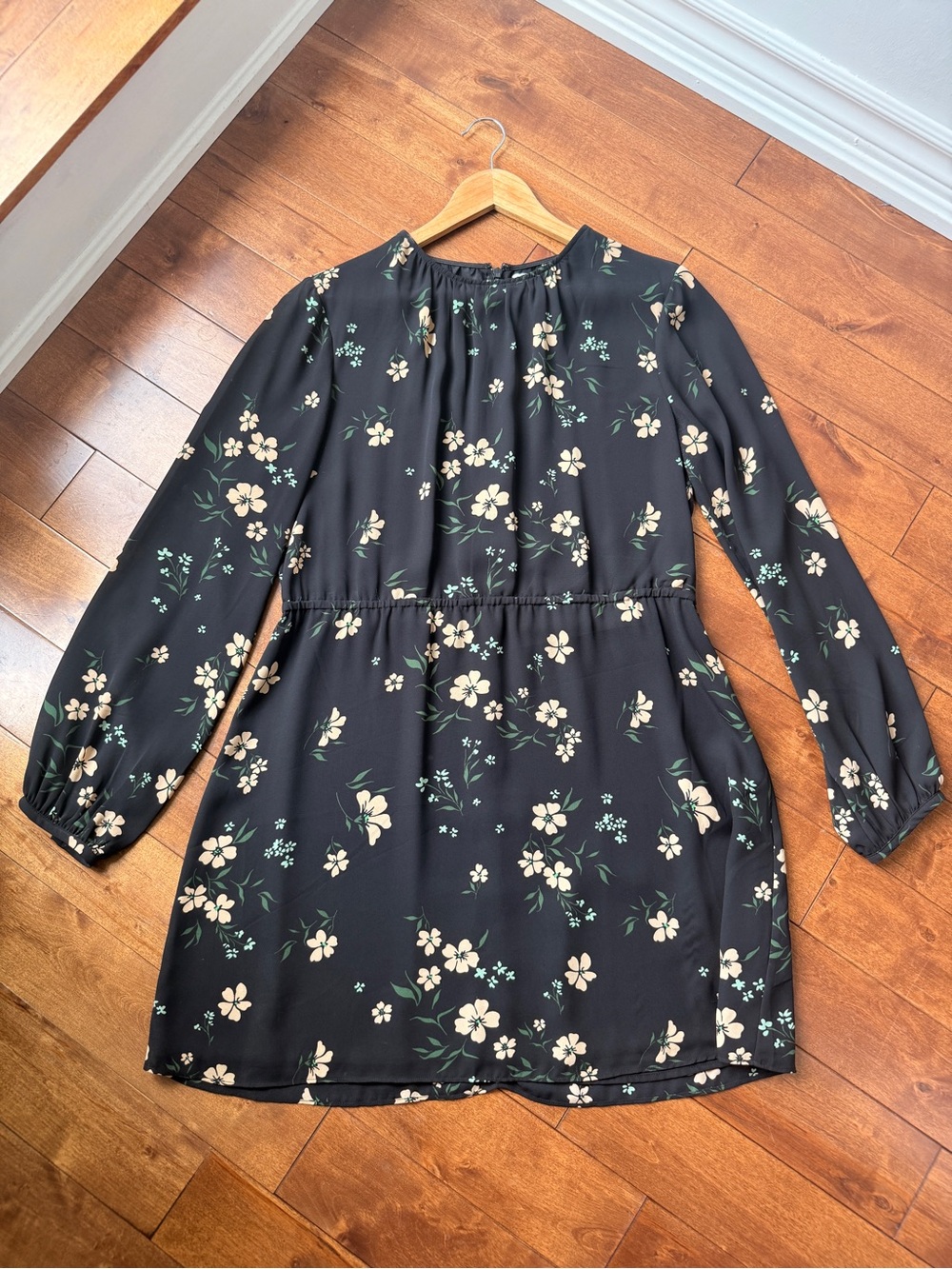 Sunday Best Black Floral Mini Dress with Cream Flowers and Green Leaves